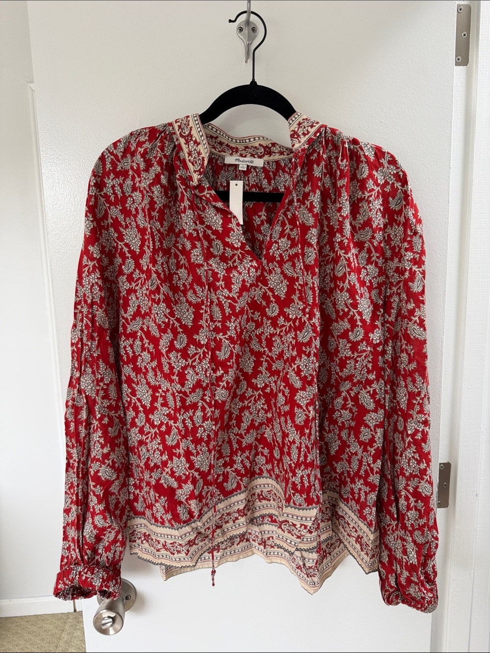Madewell Red Floral V-Neck Long Sleeve Blouse